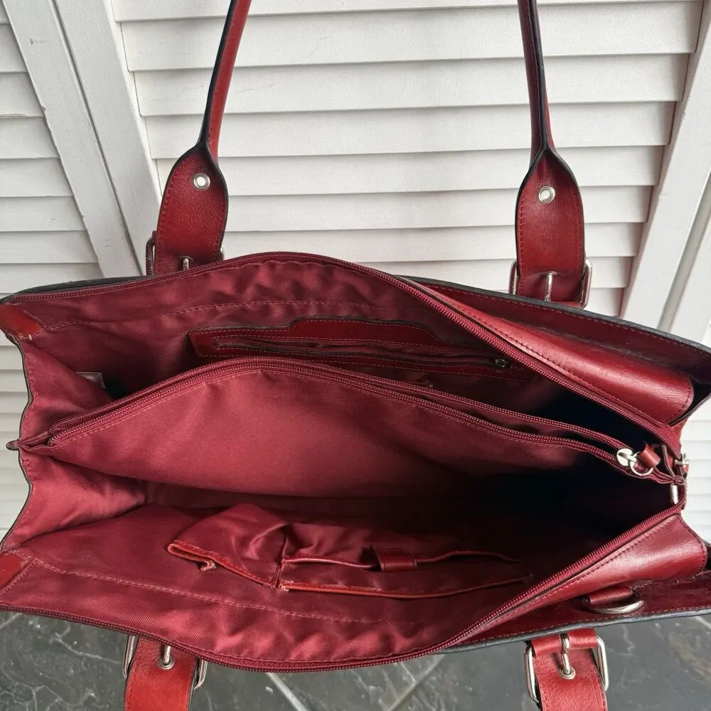 Vintage Red Leather Bag Zip Top Buckle Accents Silver Hardware